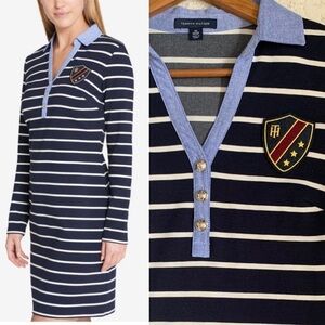 𝅺TOMMY Hilfiger navy/white striped chambray collar crest patch shirt dress
